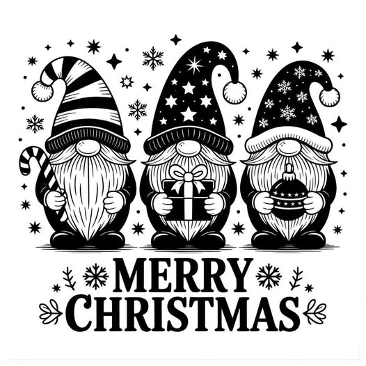 Black and white Christmas illustration with three gnomes and Merry Christmas text