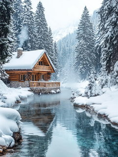Wooden cabin by a blue stream surrounded by snow-laden evergreens in winter