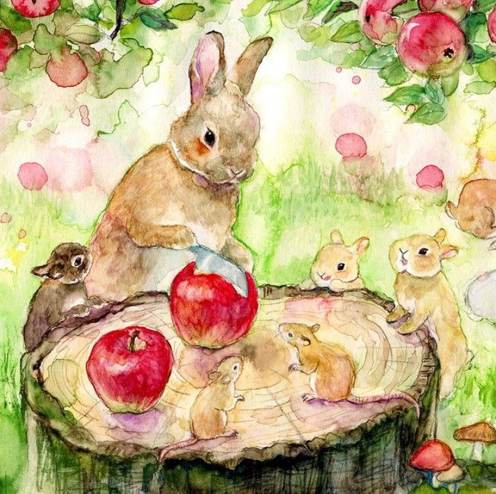 Watercolor rabbits on a tree stump with red apples, surrounded by green leaves and flowers