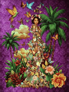 Illustrated woman in a butterfly and flower gown with palm trees, tropical blooms, and hummingbirds
