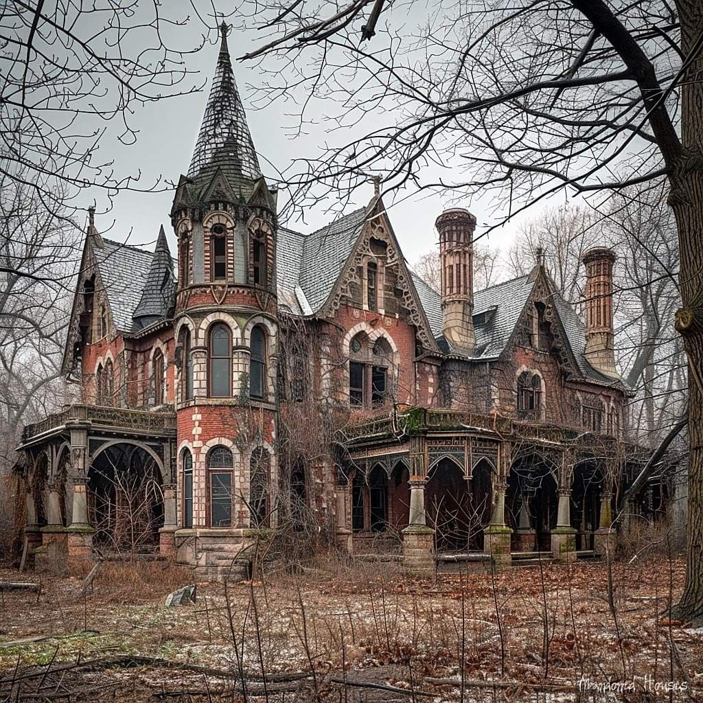 Abandoned Victorian mansion surrounded by bare trees and an overgrown yard