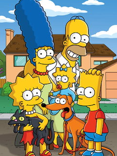 The Simpsons family portrait with Homer, Marge, Bart, Lisa, Maggie and pets in front of their house