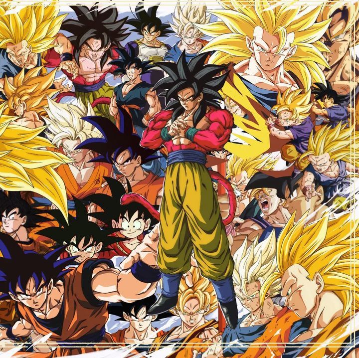 Dragon Ball Z characters collage with Super Saiyan transformations and golden energy effects