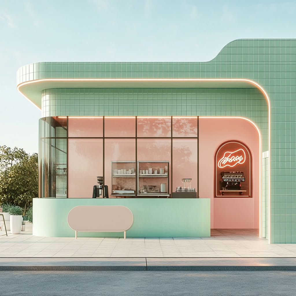 Retro coffee shop with pastel green and pink curved architecture and large glass windows