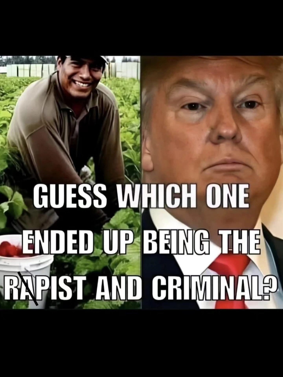 Split image meme comparing two men with text overlay about criminal allegations