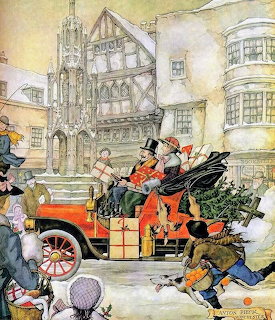 Vintage illustration of holiday shoppers in an antique open car on a snowy old town street