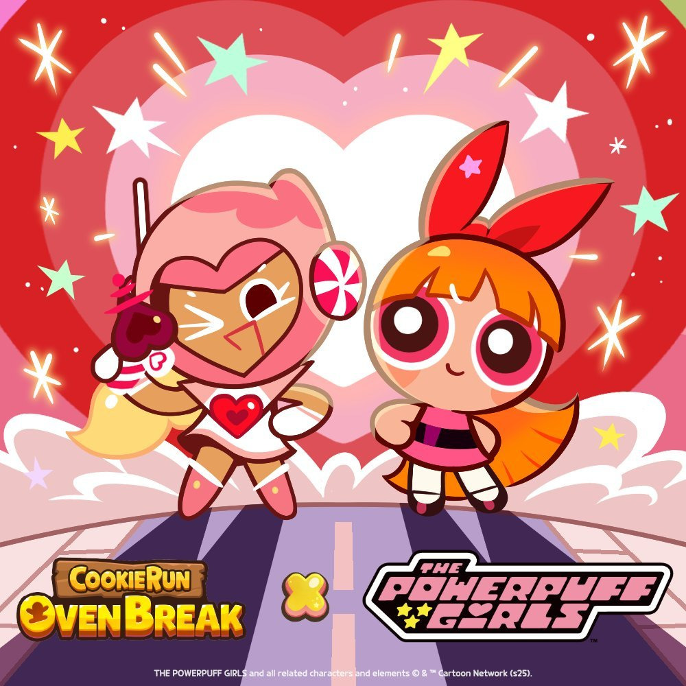 Cartoon cookie character and big-eyed girl standing together on a red heart-filled background