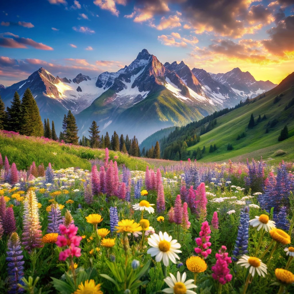 Colorful wildflower field with mountains and sunset sky