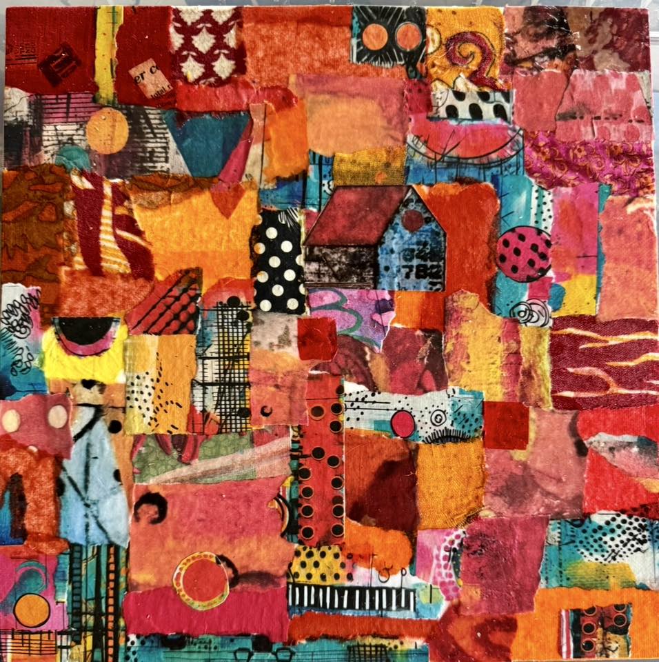 Abstract collage of colorful patchwork squares with geometric patterns and mixed textures in warm tones