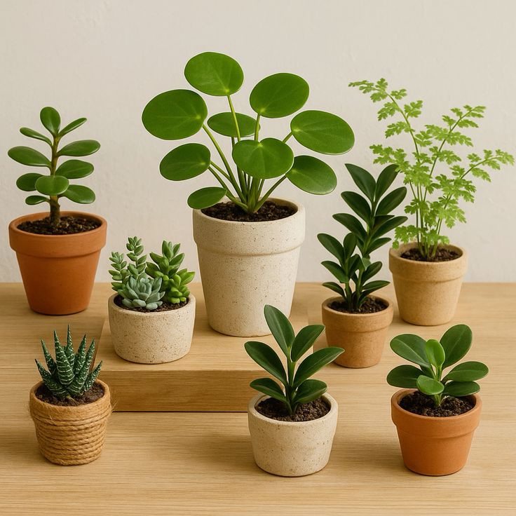 Seven small potted houseplants on a wooden shelf against a plain wall