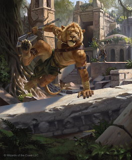 Muscular lion-headed warrior with weapon in ancient temple ruins