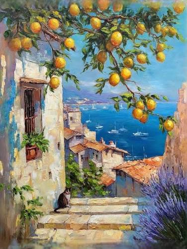 Painting of a cat on stone steps under a lemon tree overlooking a Mediterranean coastal village and blue sea