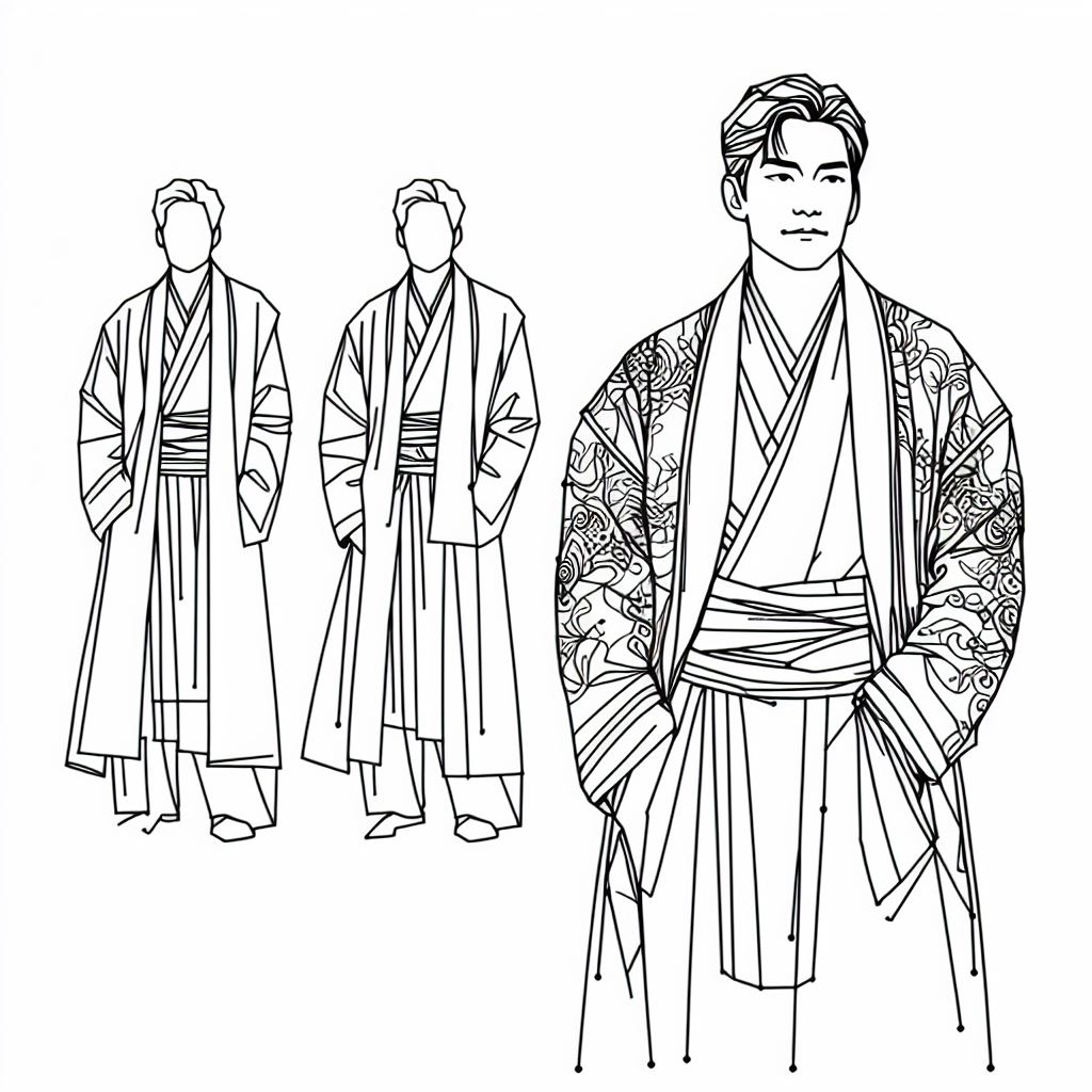 Black and white line art of three figures wearing layered long coats or robes