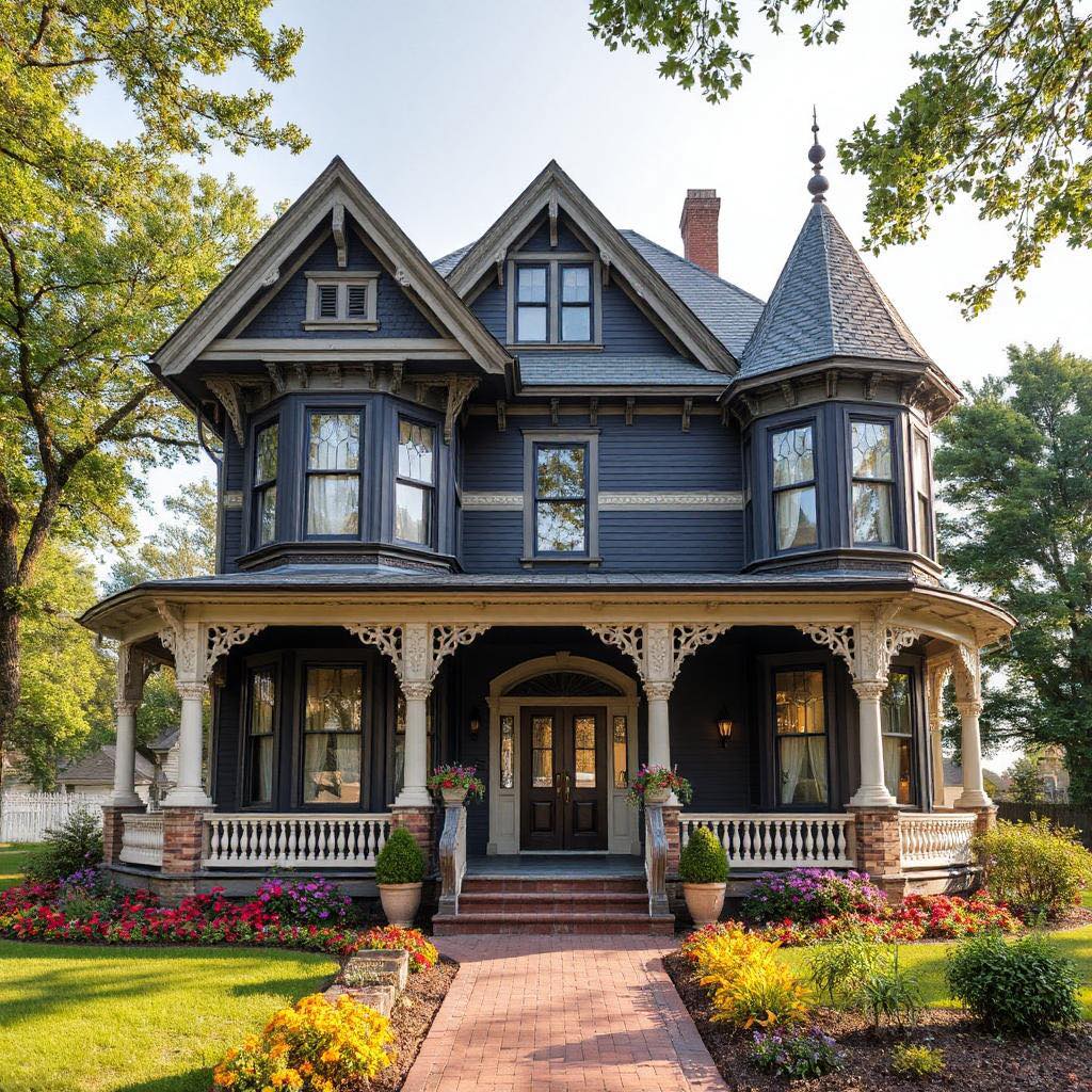 Victorian house with turret, ornate trim, bay windows, and landscaped garden