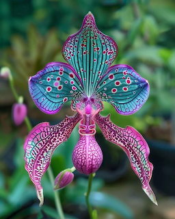 Colorful paphiopedilum orchid with teal, purple, and magenta spotted and striped petals