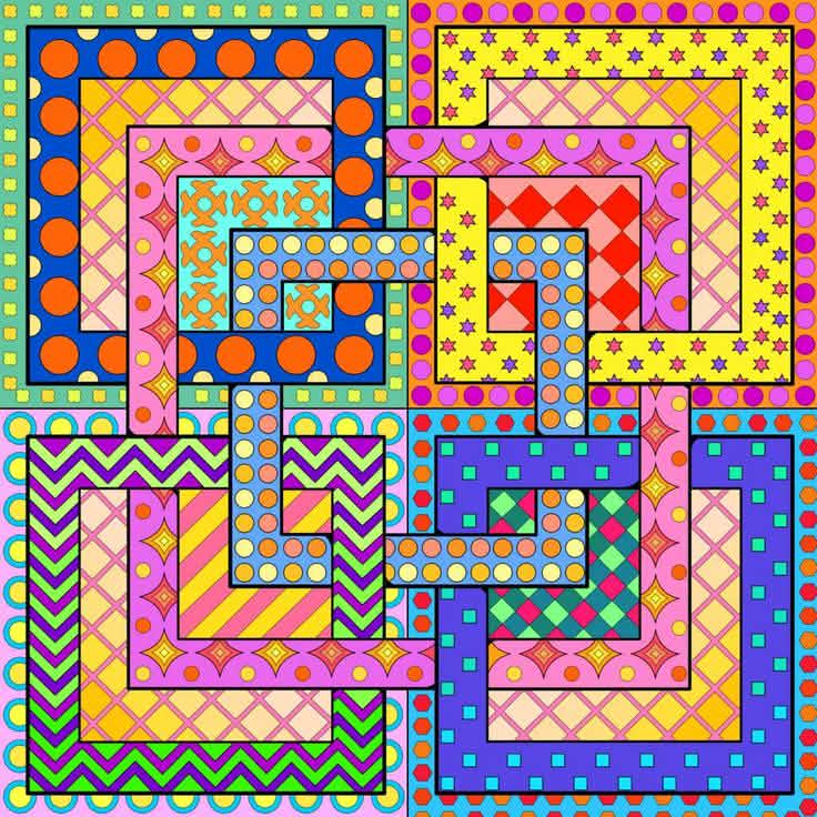 Colorful abstract pattern of interlocking square spirals with dots, zigzags, and stars