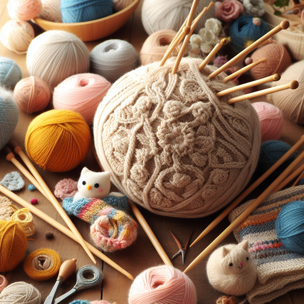 Yarn balls, knitting needles, and small knitted cat toys on a wooden table