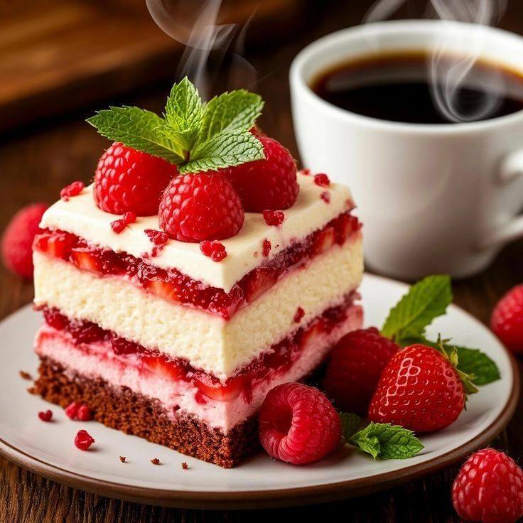 Layered raspberry cake with cream, fresh raspberries, mint garnish, and coffee cup on white plate