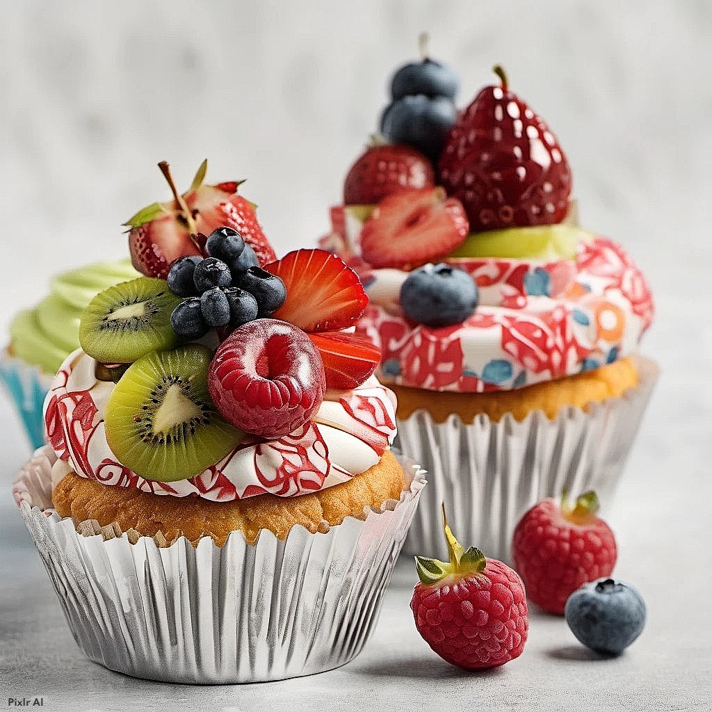 Three cupcakes decorated with fresh fruit including strawberries, blueberries, and kiwi slices on colorful frosting