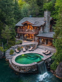 Rustic stone and wood house with a round pool and waterfall surrounded by forest