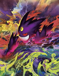 Mega Gengar pokemon surrounded by colorful flames and energy swirls