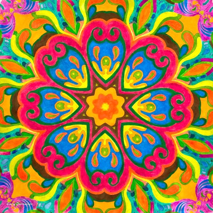 Bright symmetrical mandala with floral patterns in vivid pink, blue, yellow, orange and green on square background