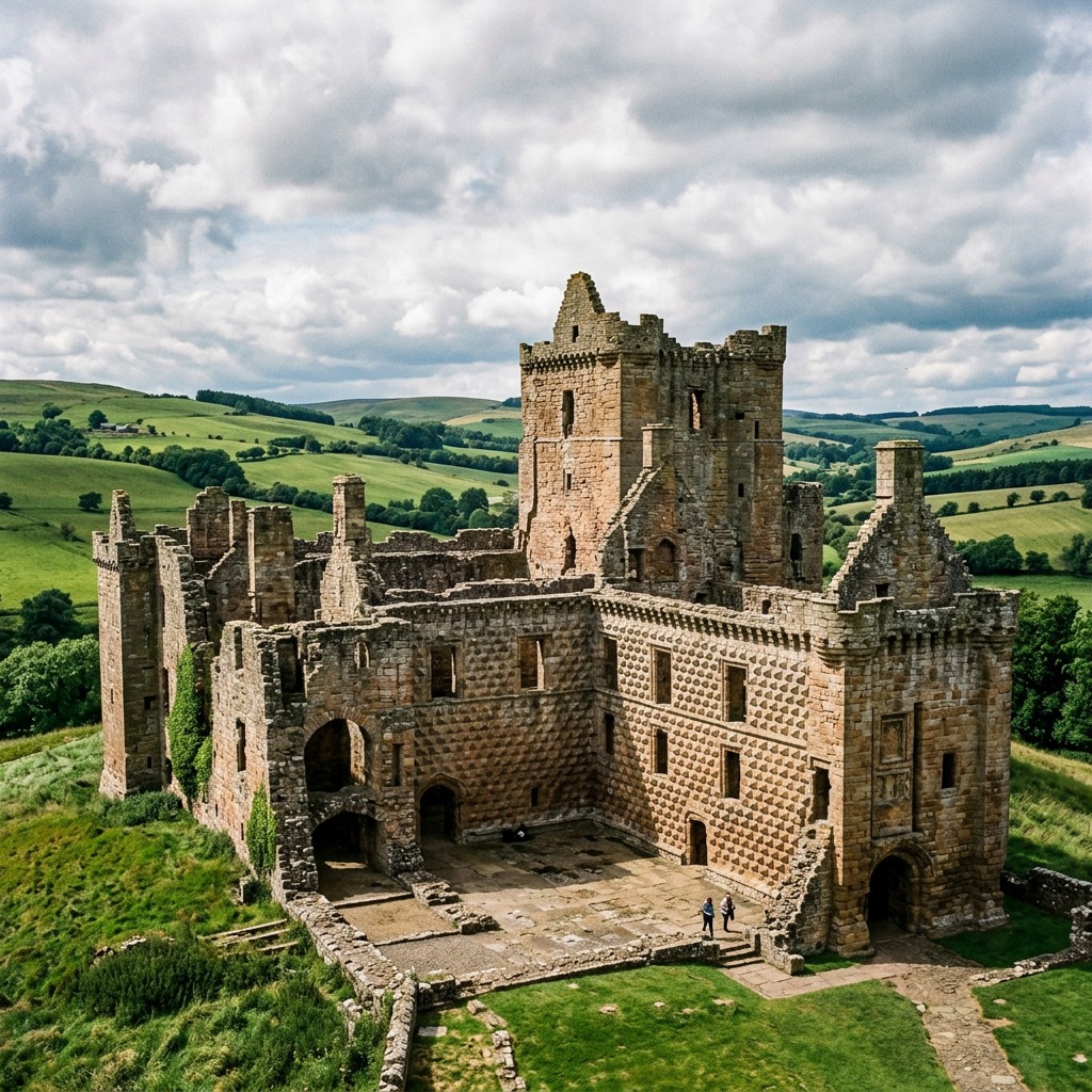 Ruined stone castle in a green countryside landscape beneath a cloudy sky
