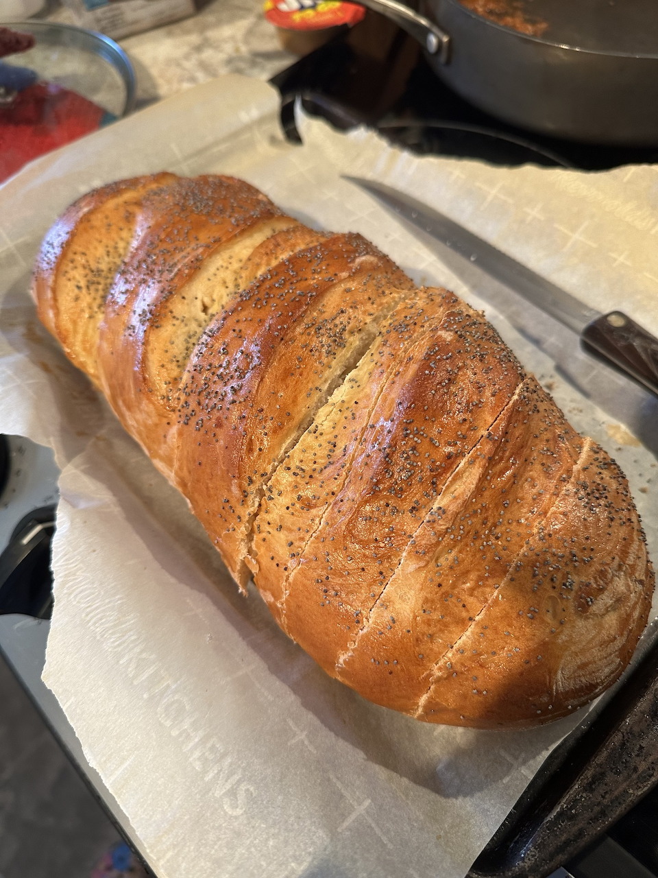 Loaf of freshly baked bread with golden crust