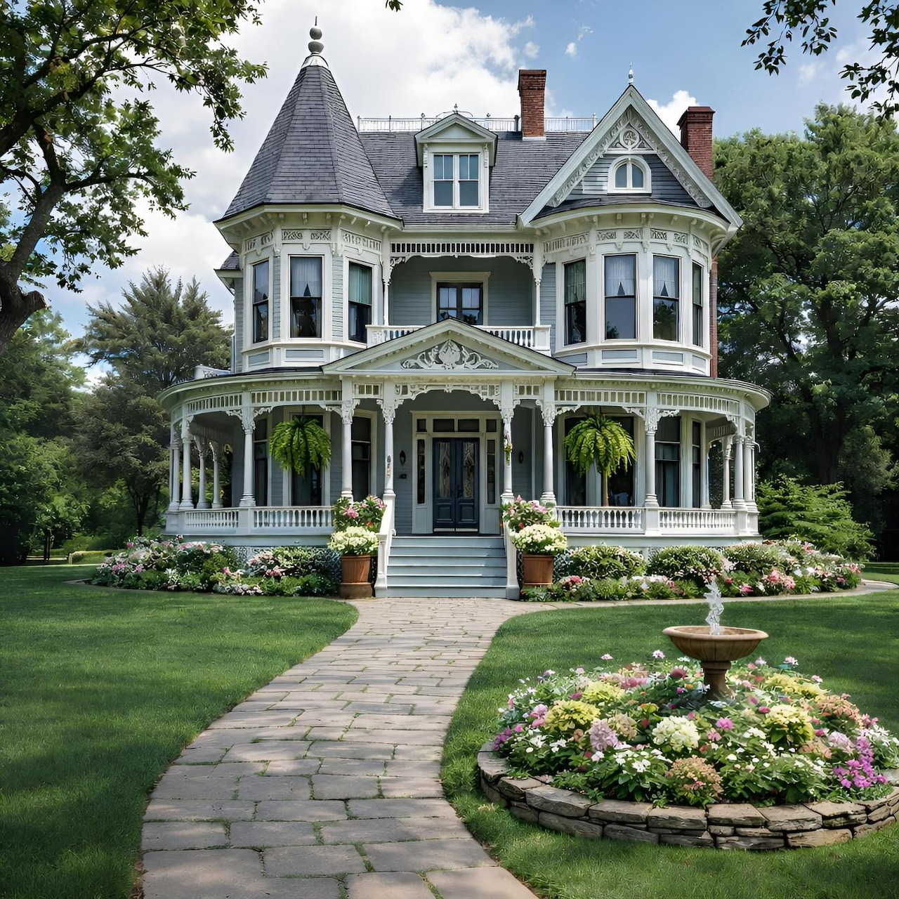 White Victorian mansion with turret and decorative porch surrounded by landscaped gardens