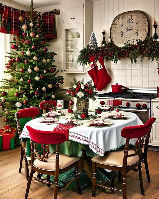 Cozy Christmas dining room with decorated tree, festive table setting, red stockings, and holiday kitchen decorations