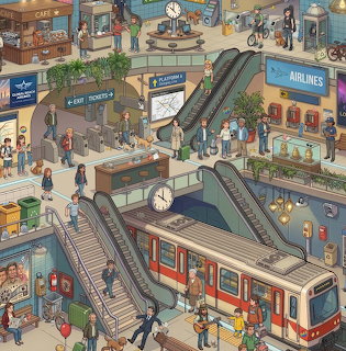 Detailed cartoon illustration of a busy multi-level train station with escalators, trains, shops, and many people