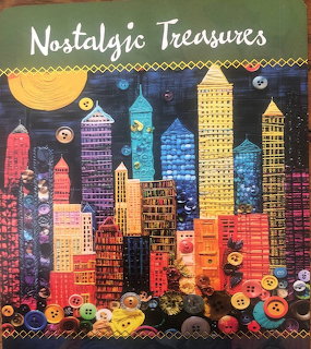 Colorful button and mixed media folk art cityscape with tall buildings and a golden moon at night