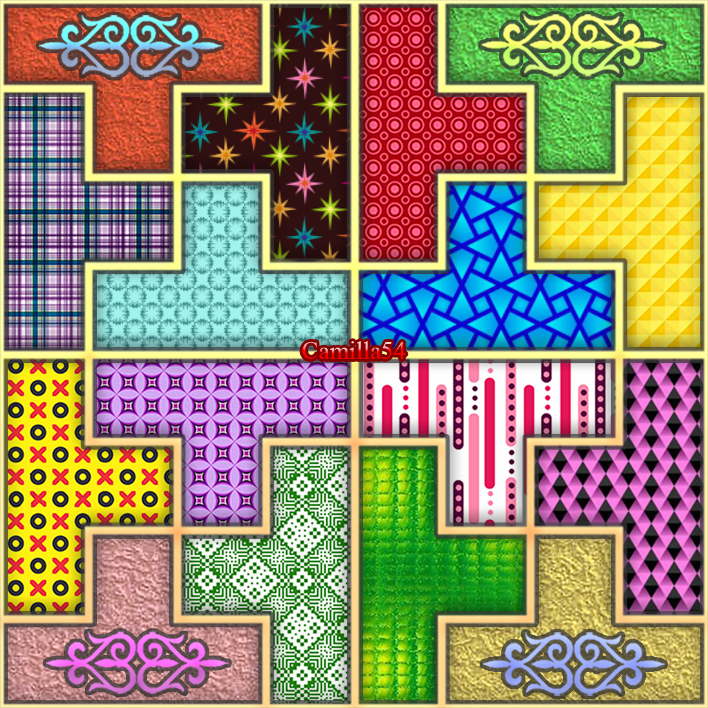 Colorful patchwork quilt design with geometric blocks in various patterns and bright colors arranged in a grid layout