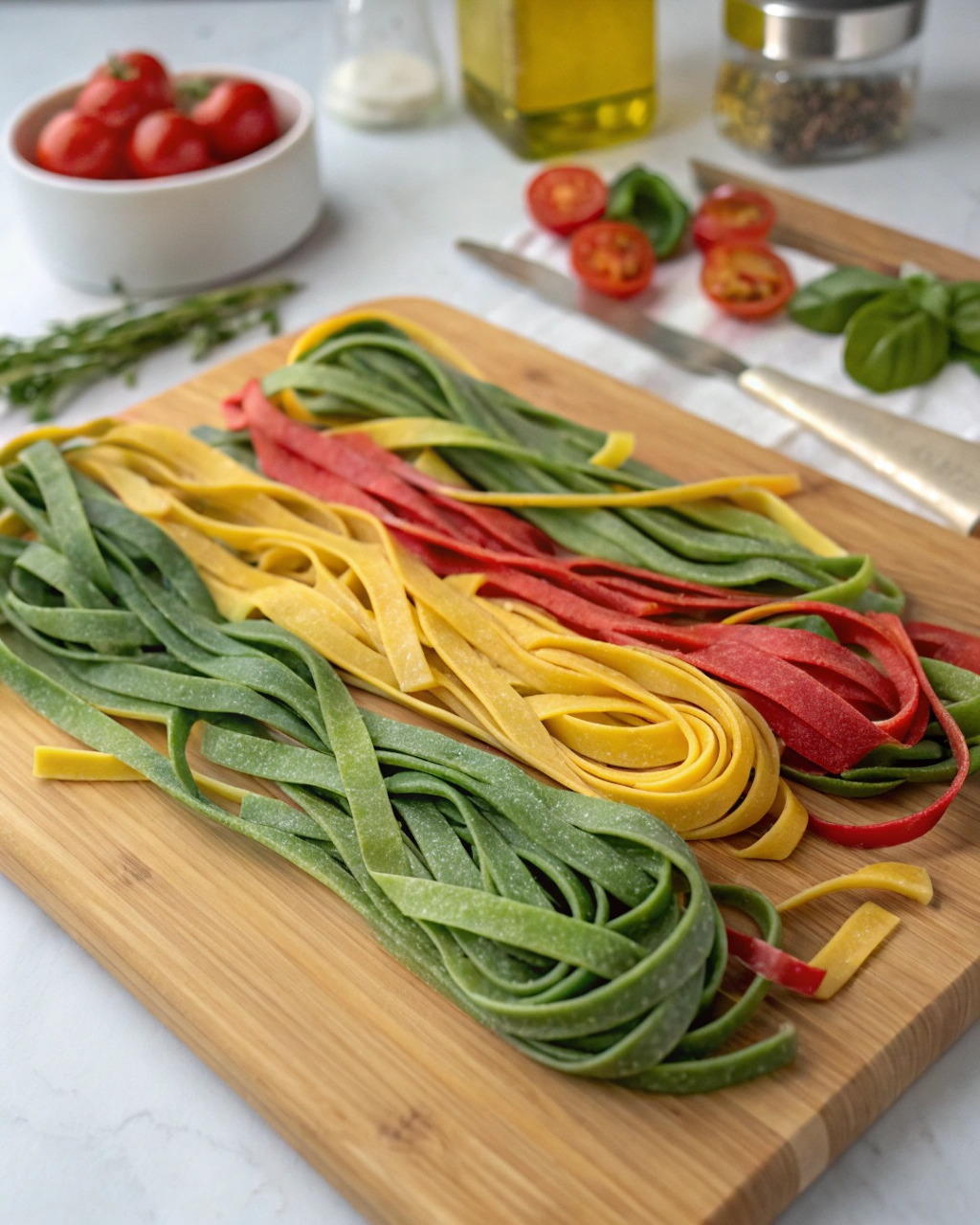 Colorful homemade pasta strands on a wooden cutting board with tomatoes and herbs