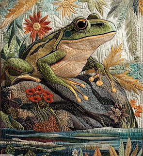 Quilted fabric art of a green frog perched on rocks with flowers and foliage in warm earthy colors