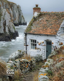 Small white cottage on grassy cliff beside dramatic coastal rocks and ocean waves