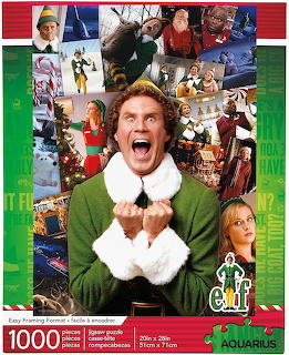 Elf movie collage with central character in green elf costume surrounded by film scenes
