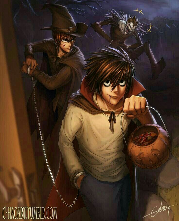 Anime characters L, Light, and Ryuk in Halloween scene with pumpkin and chain under stormy night sky