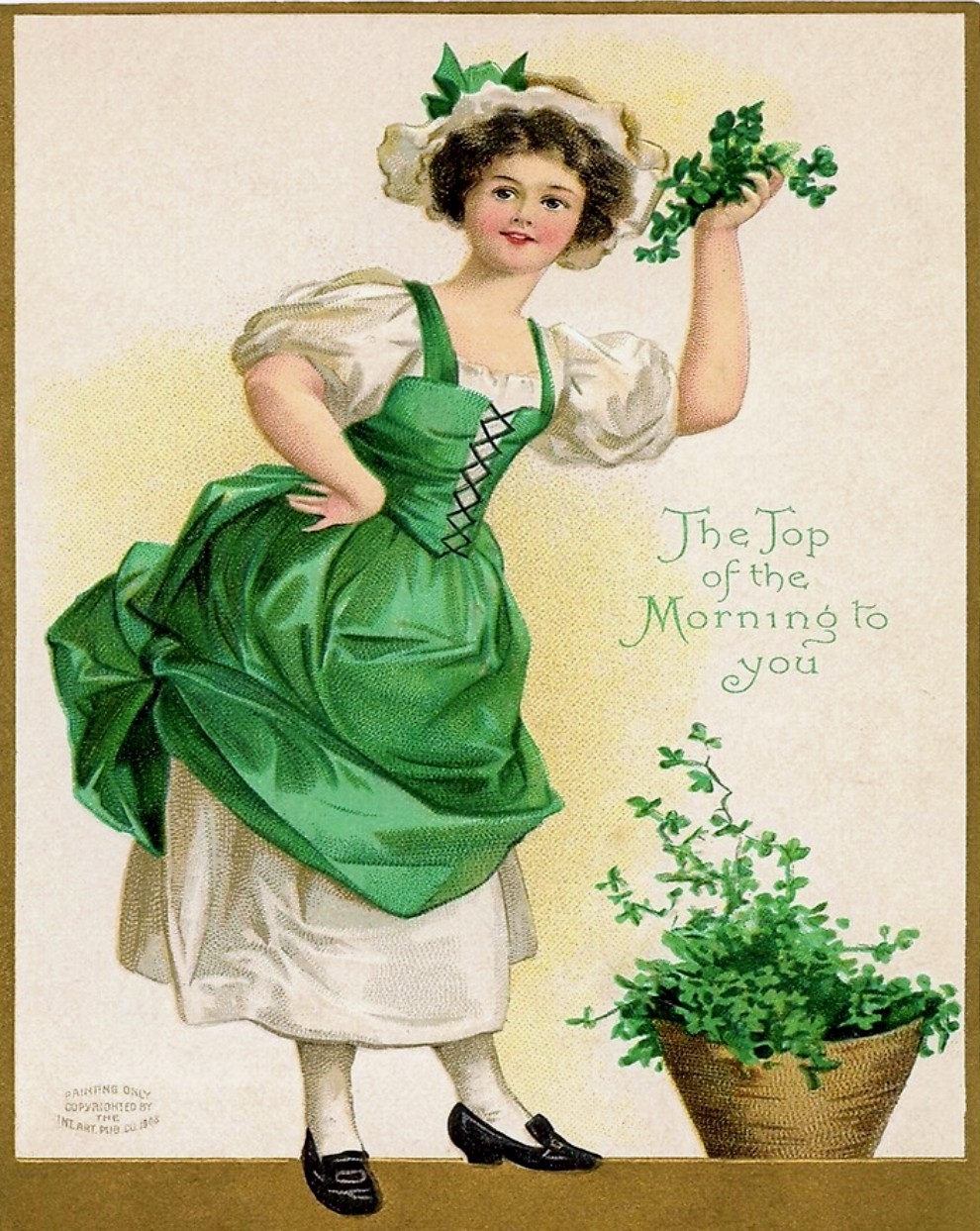 Vintage St. Patrick's Day card with woman in green dress holding shamrocks and a basket of clover