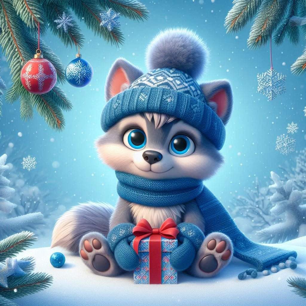 Cute wolf cub in a blue winter hat and scarf holding a gift in the snow