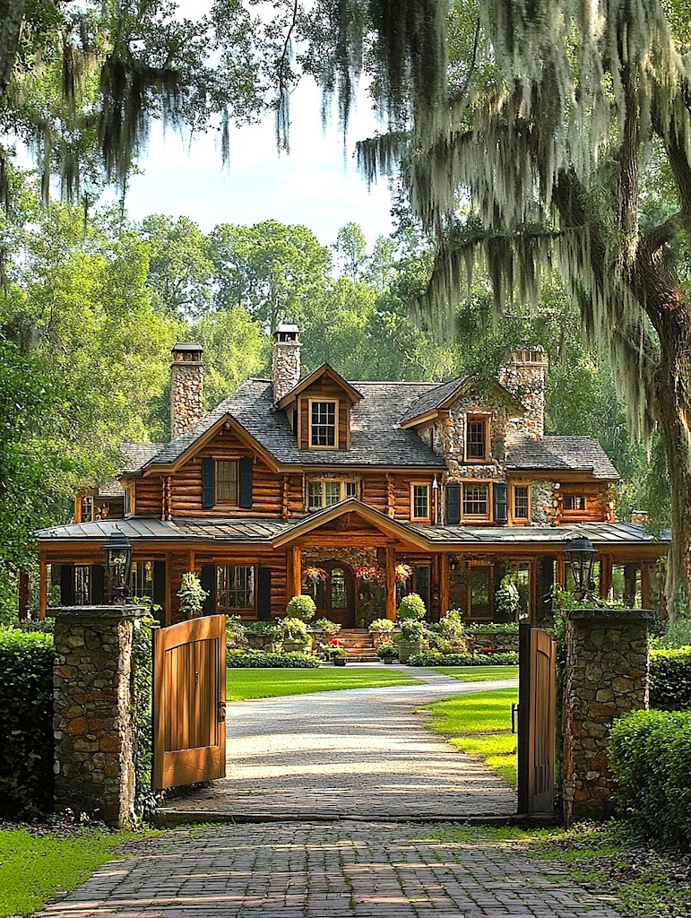 Rustic log cabin with stone chimney surrounded by pine trees