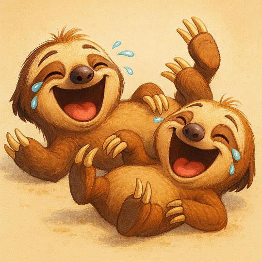 Two cartoon baby sloths lying down laughing happily with joy tears