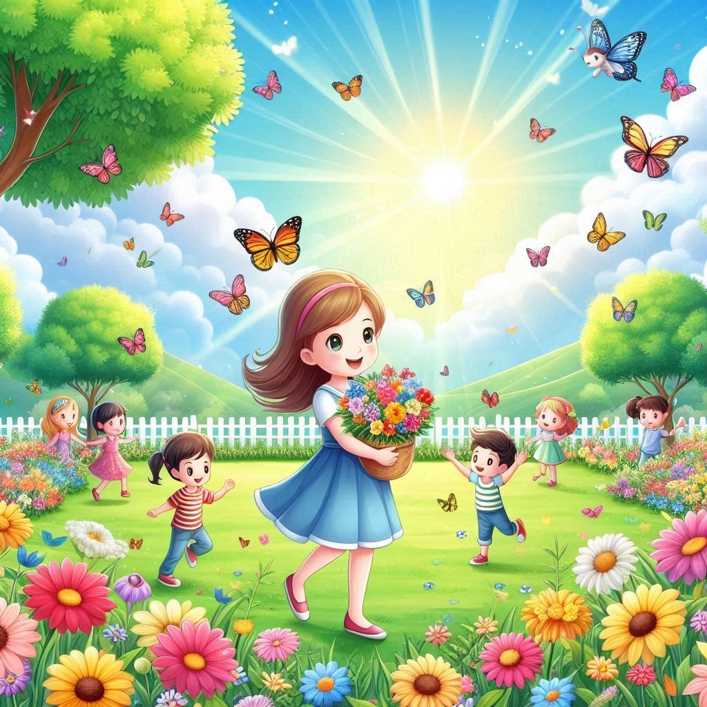 Cartoon children playing in spring garden with butterflies and flowers under bright sun