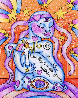 Colorful illustration of a stylized tattooed woman with stars, hearts, and flowing pink hair