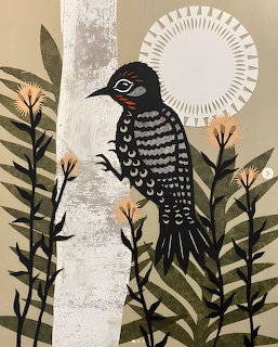 Cut paper collage of woodpecker with decorative plants and sun on textured background