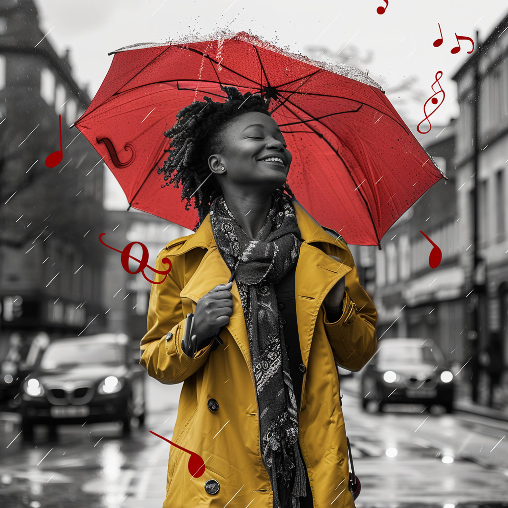 Smiling woman in a yellow coat holding a red umbrella on a rainy city street