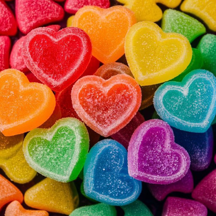 Colorful heart-shaped sugar candies with crystallized coating in rainbow colors