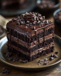 Slice of chocolate layer cake with ganache and chocolate shavings on a plate