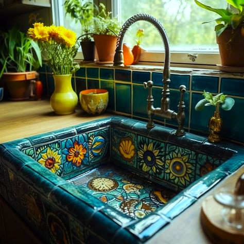 Colorful tiled kitchen sink with brass faucet and potted plants beside a sunny window