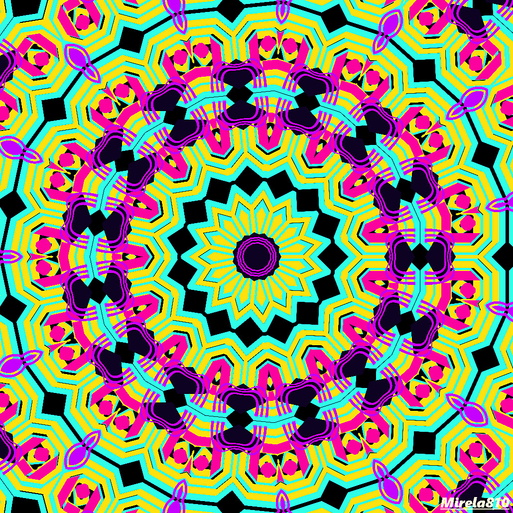 Bright symmetrical mandala with pink, yellow, cyan geometric patterns on black background